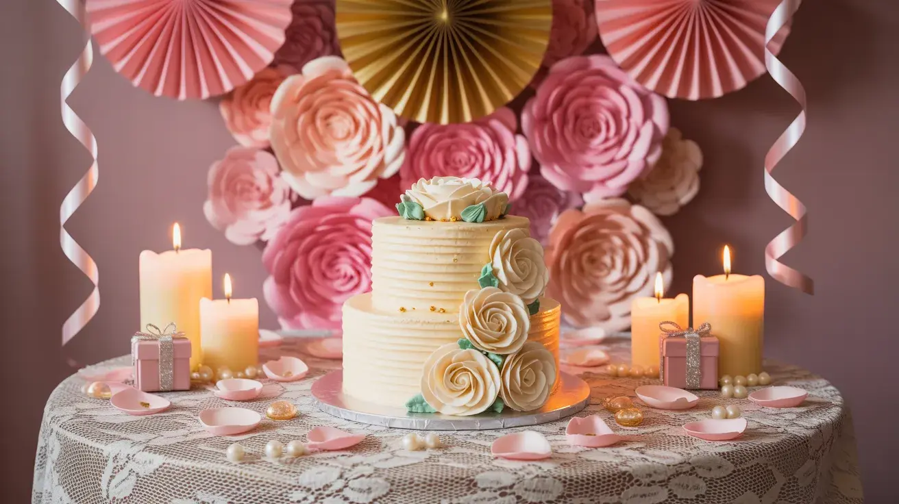 Elegant DIY birthday table setup with a floral cake, candles, and paper flower backdrop in soft pink tones