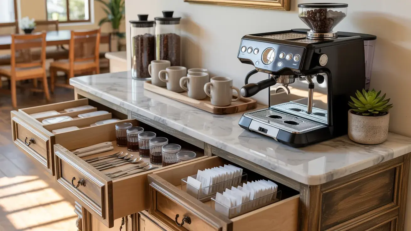 Elegant coffee station with espresso machine, cups, bean canisters, and neatly organized drawers for utensils and supplies