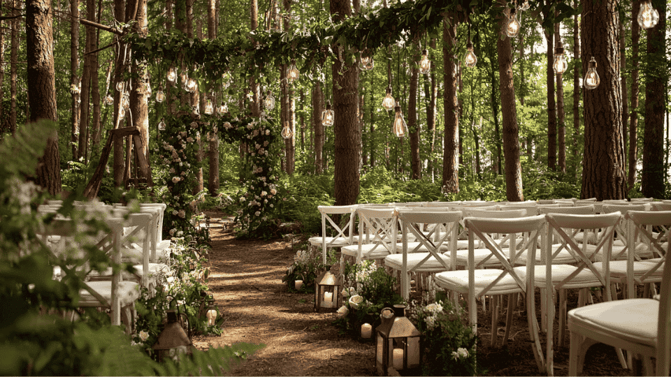 Elegant forest-inspired wedding with sleek chairs, greenery garlands, hanging candles, and a serene atmosphere