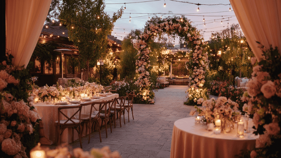 Elegant summer wedding with a romantic floral arch for the ceremon , chic outdoor reception tables with candle , and soft string lights creating a cozy evening ambiance in a lush garden setting