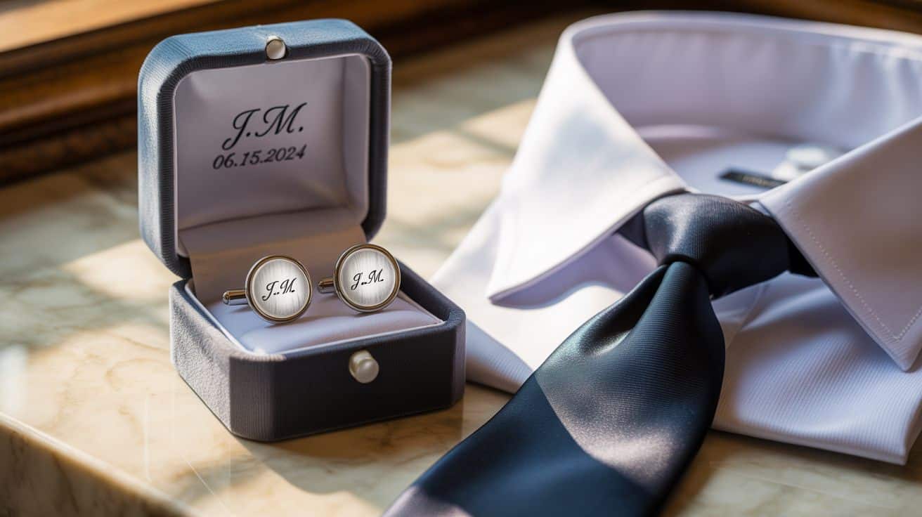Engraved cufflinks with initials and wedding date