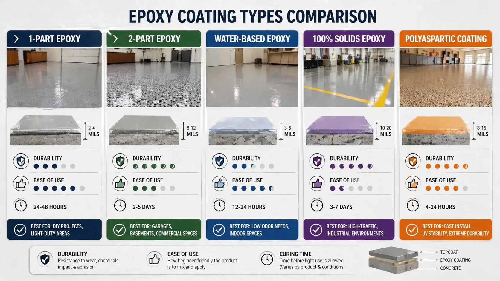 Epoxy coating types comparison infographic with floor samples