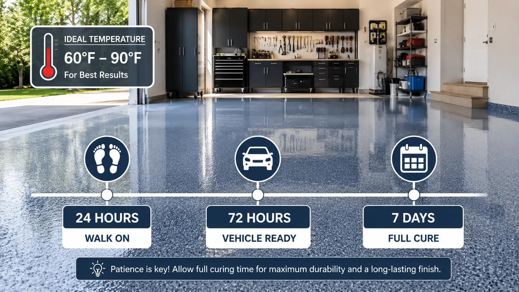 Epoxy garage floor curing timeline with drying stages