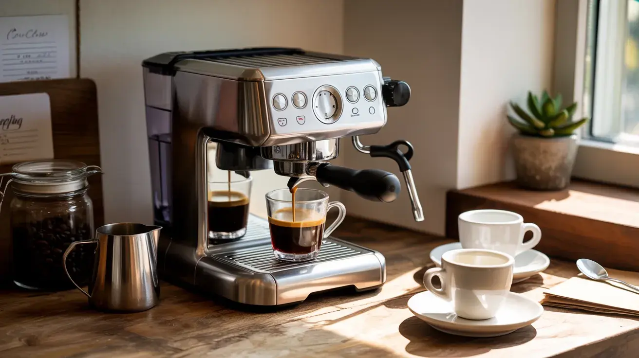 Espresso machine brewing coffee into a glass cup on a wooden countertop with mugs and accessories nearby