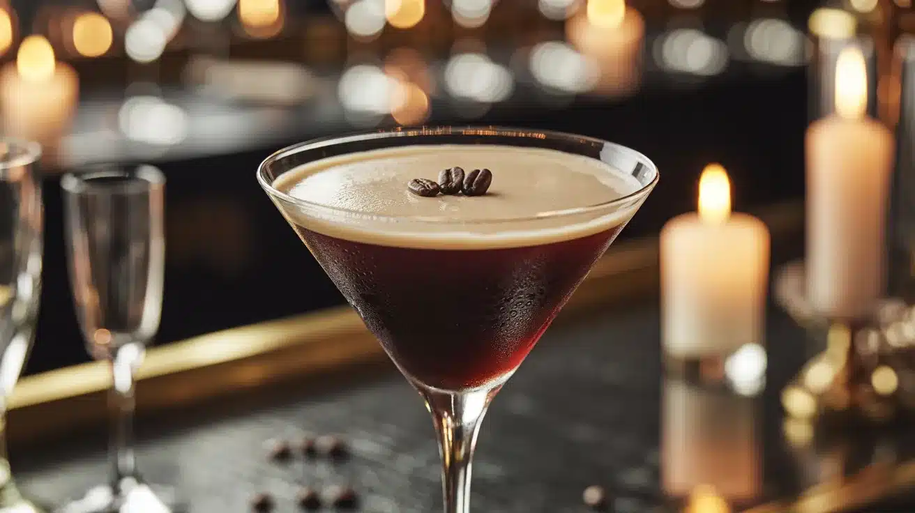 Espresso martini with coffee foam and beans garnish