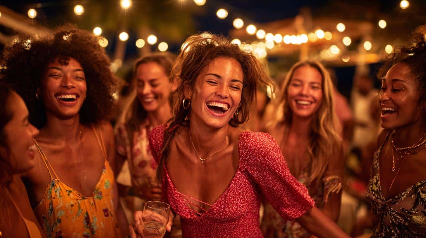 Exciting bachelorette party with the bride and friends enjoying drinks, dancing, and fun activities at a lively venue or resort.