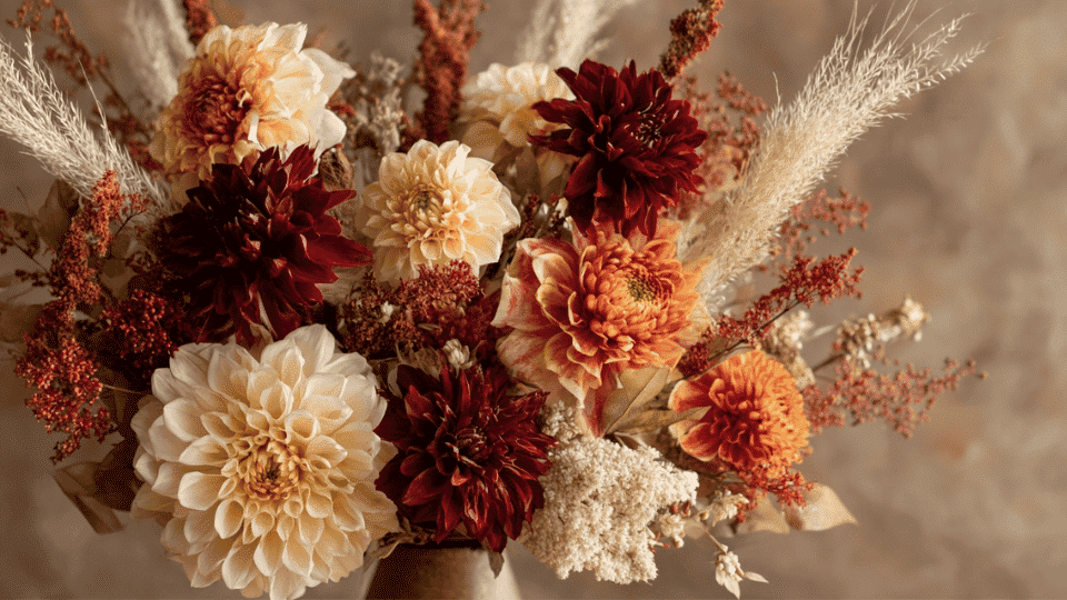 Fall bouquet with warm colors and textured dried elements