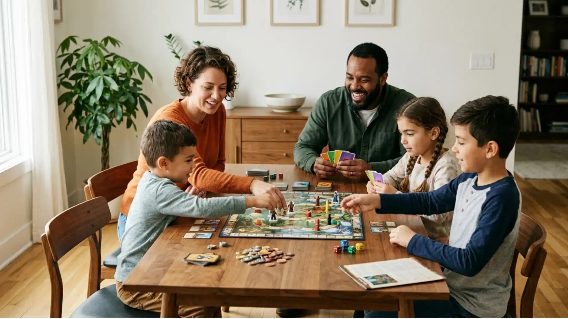 Family playing a board game together at a table, smiling and interacting in a cozy room.