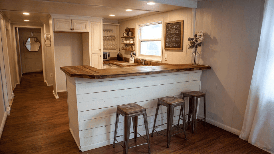 Farmhouse DIY bar with white finish and wood top in a cozy kitchen.