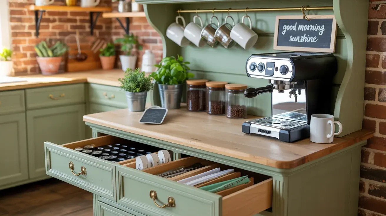 Farmhouse-style coffee station with a green cabinet, espresso machine, hanging mugs, and organized drawer storage