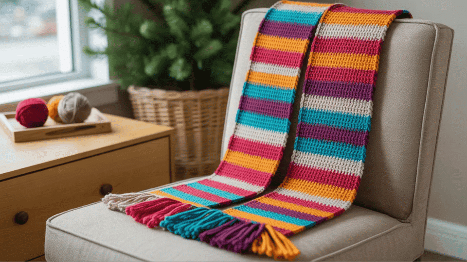 Crochet festive patterned scarf draped over a chair showing bright stripes