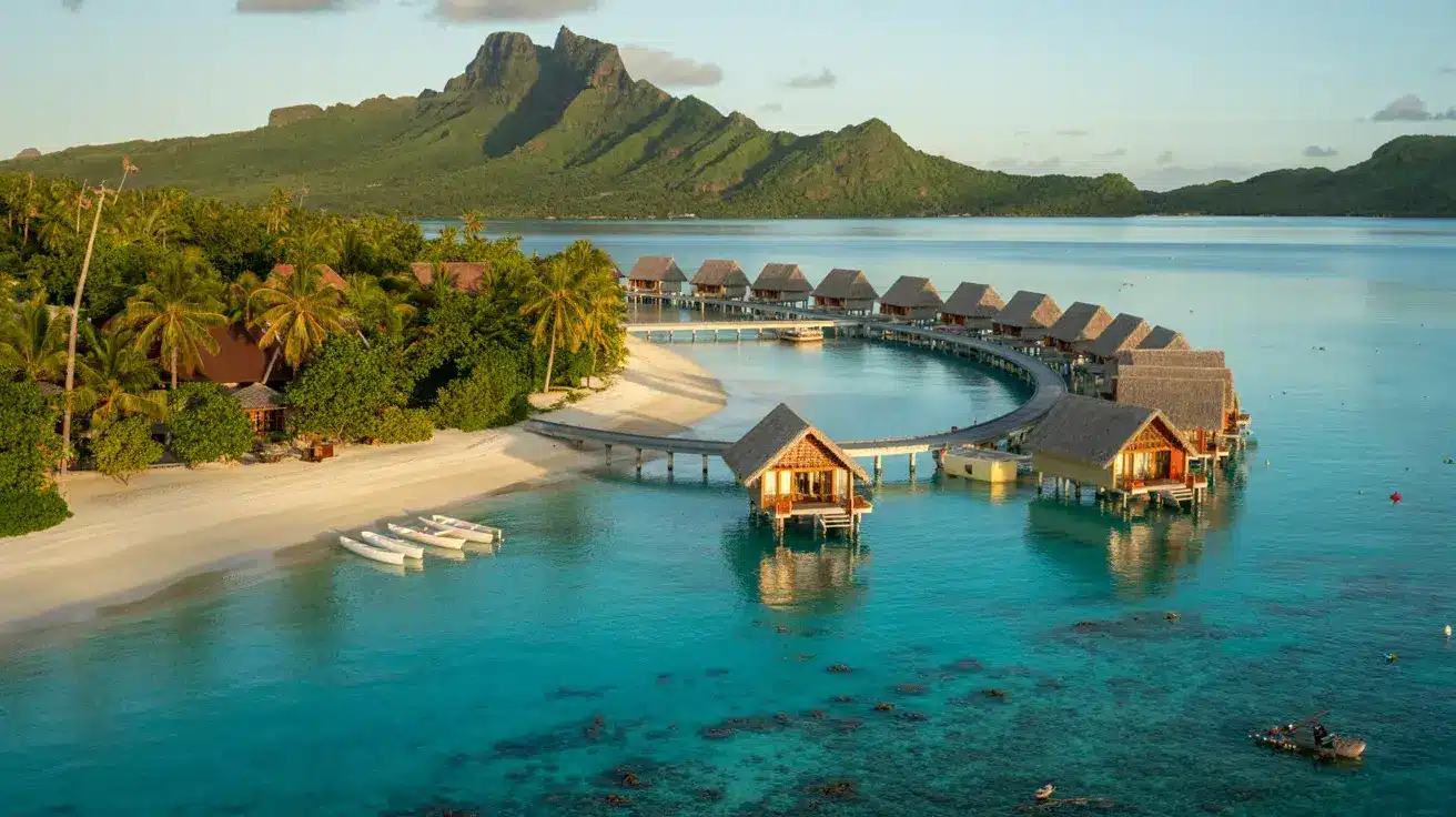 Fiji, connected by wooden walkways, with lush tropical greenery, clear turquoise waters, and a backdrop of a dramatic mountain range