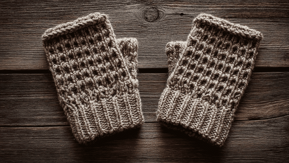 Crochet fingerless gloves with ribbed cuffs laid flat on a wooden surface
