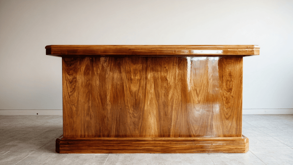 Finished DIY bar with stained wood and sealed surface, clean indoor setup and polished look.