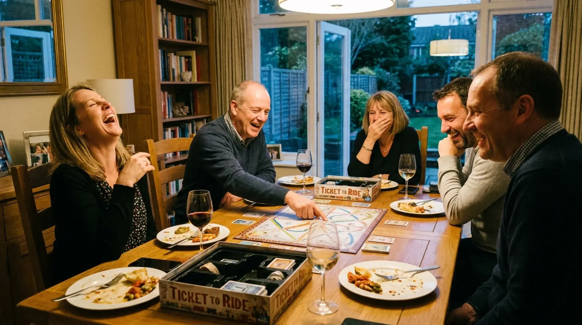 Five adults laughing together while playing the board game Ticket to Ride around a dining table at home