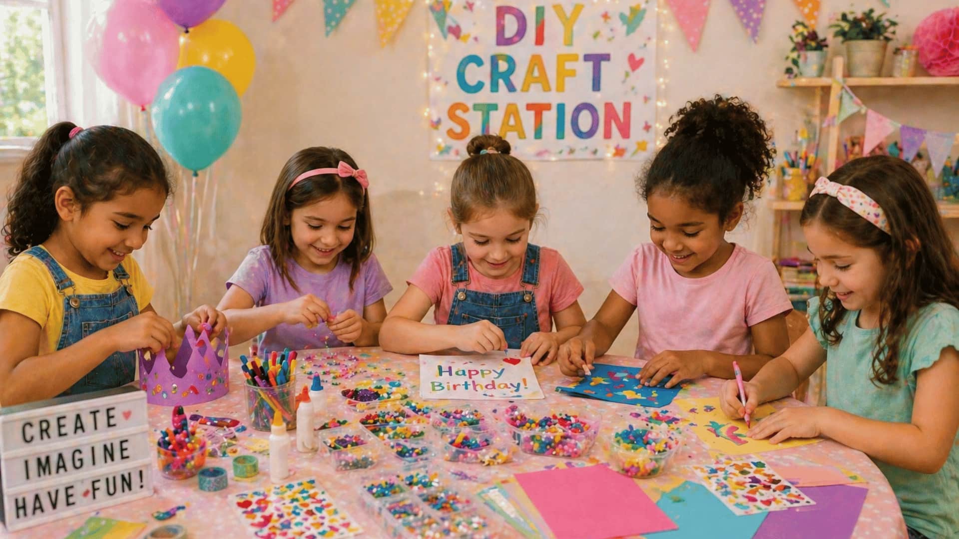 Five girls making crafts with beads and markers at colorful DIY craft station table.