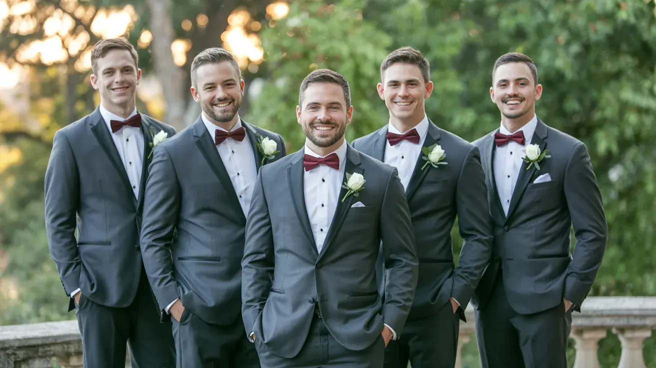 Five groomsmen in matching gray suits with burgundy bow ties standing outdoors at a wedding venue