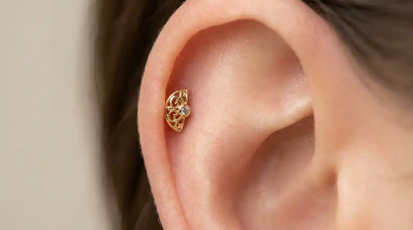 Flat cartilage piercing with decorative stud jewelry