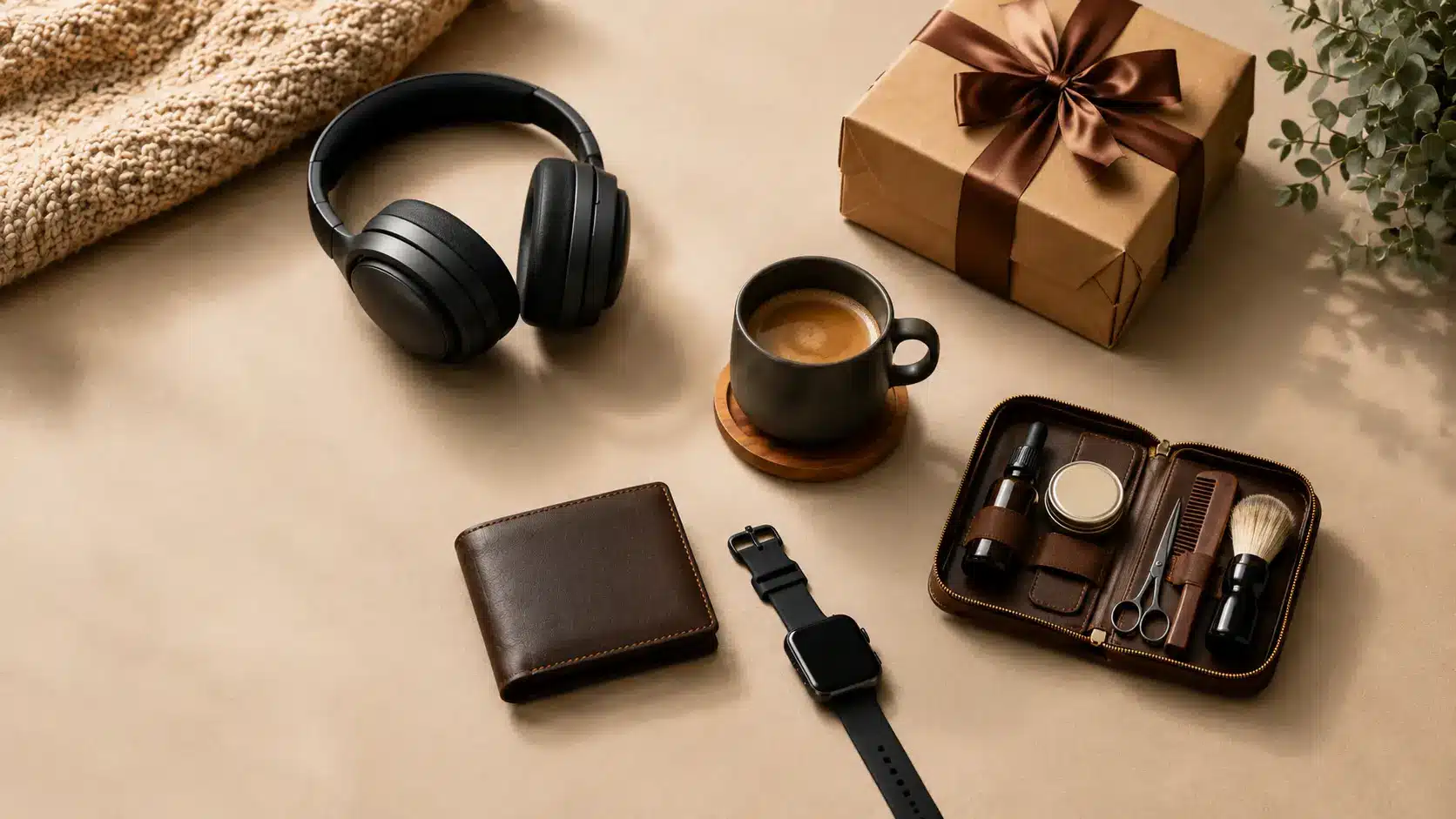 Flat-lay of cozy gift essentials for men on a beige background