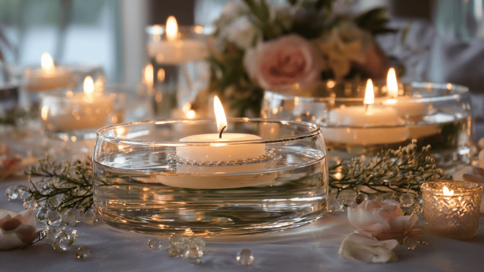 Floating candles in glass vases with flower petals and greenery, creating a soft, romantic glow for the wedding.