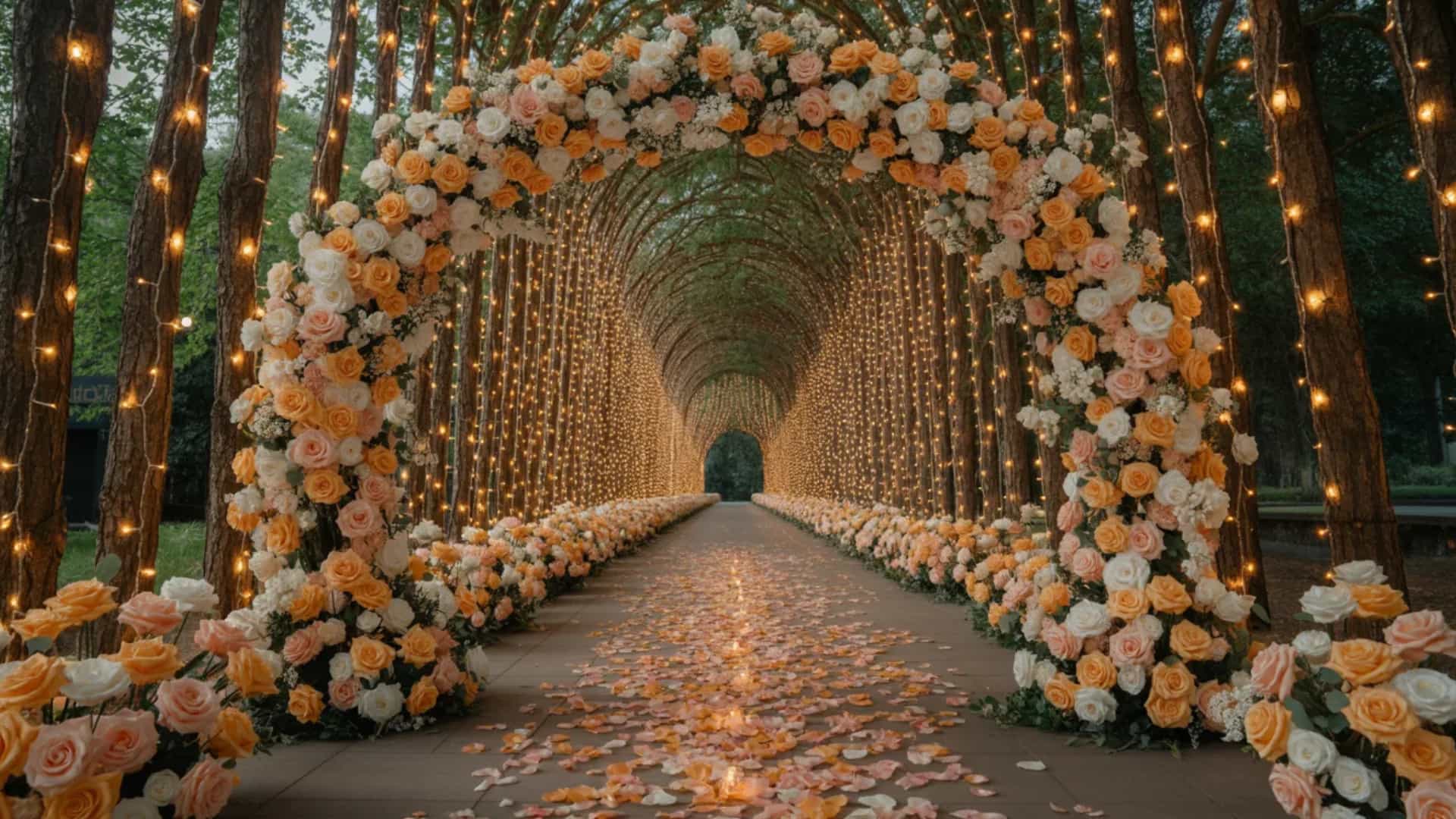 Floral wedding arch tunnel with fairy lights and rose petals lining the aisle.