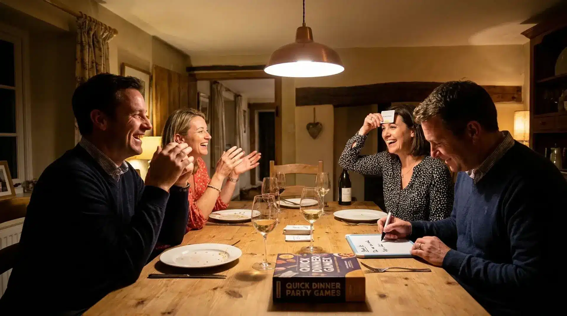 Four friends laughing and playing a quick dinner party game around a cozy dining table at home