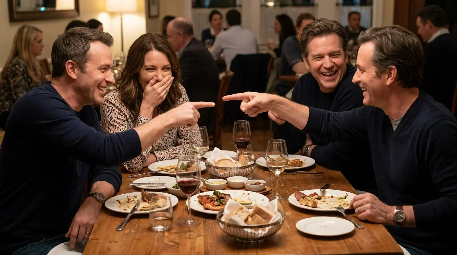 Four friends laughing and pointing at each other while enjoying dinner together at a restaurant table