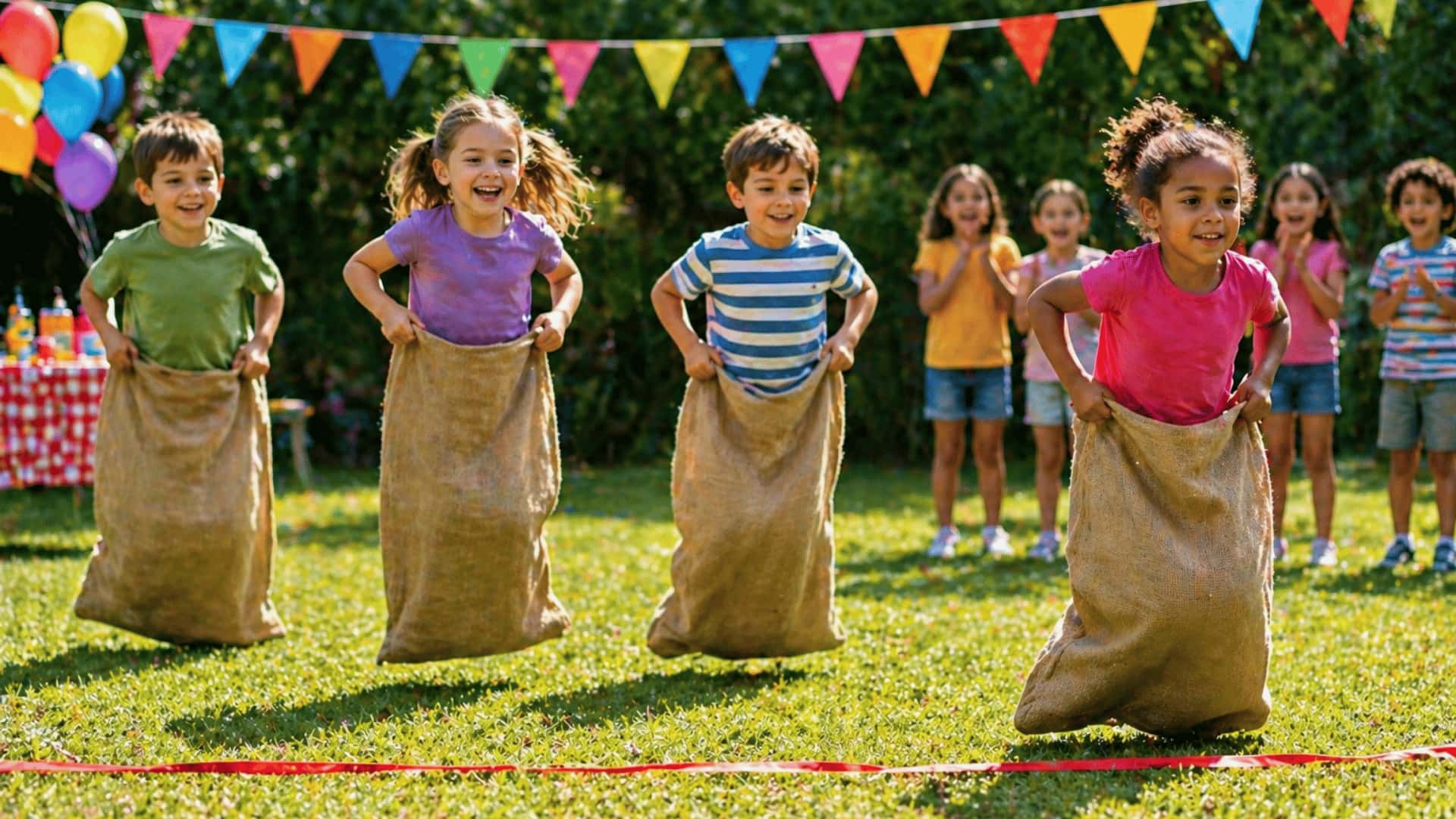 Four kids in burlap sacks racing on grass as friends cheer at outdoor birthday party.
