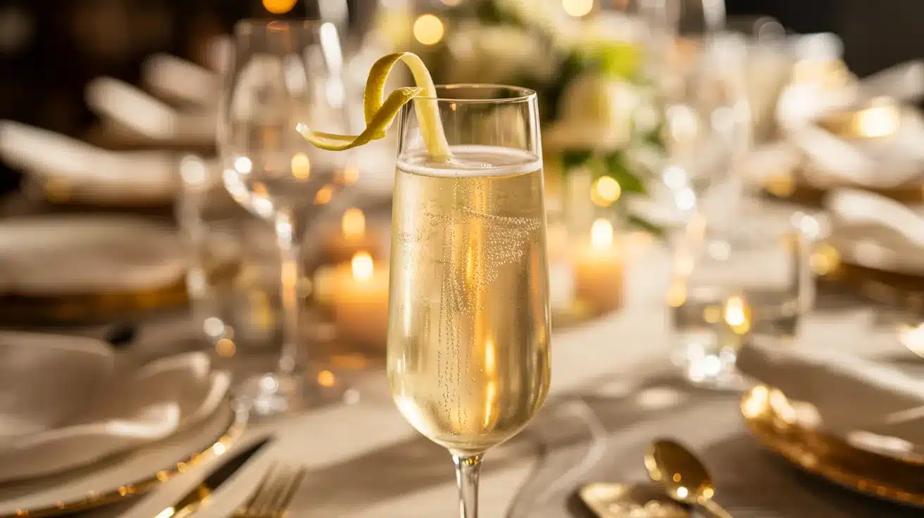 French 75 cocktail with lemon twist served in a champagne flute