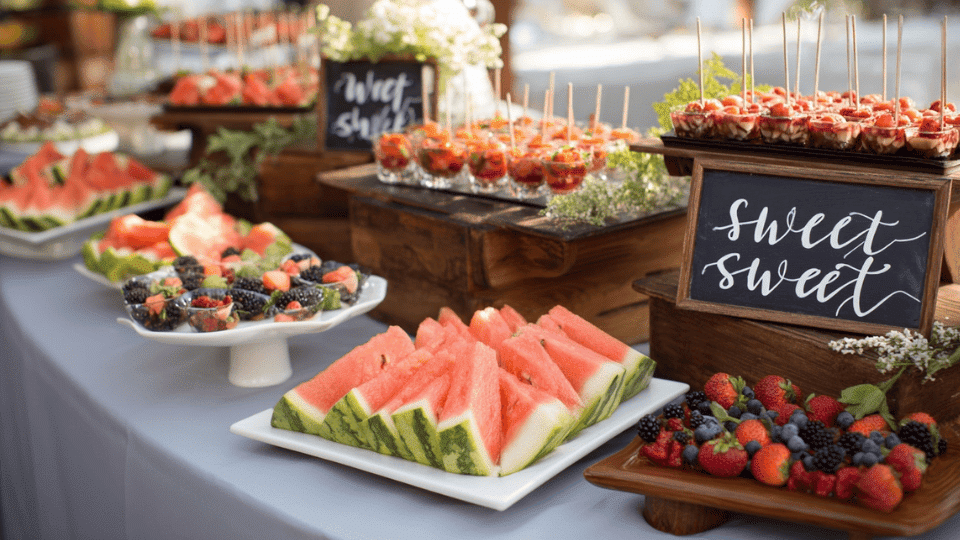 Fresh fruit dessert bar with vibrant watermelon, berries, and fruit skewers, creating a refreshing wedding display.