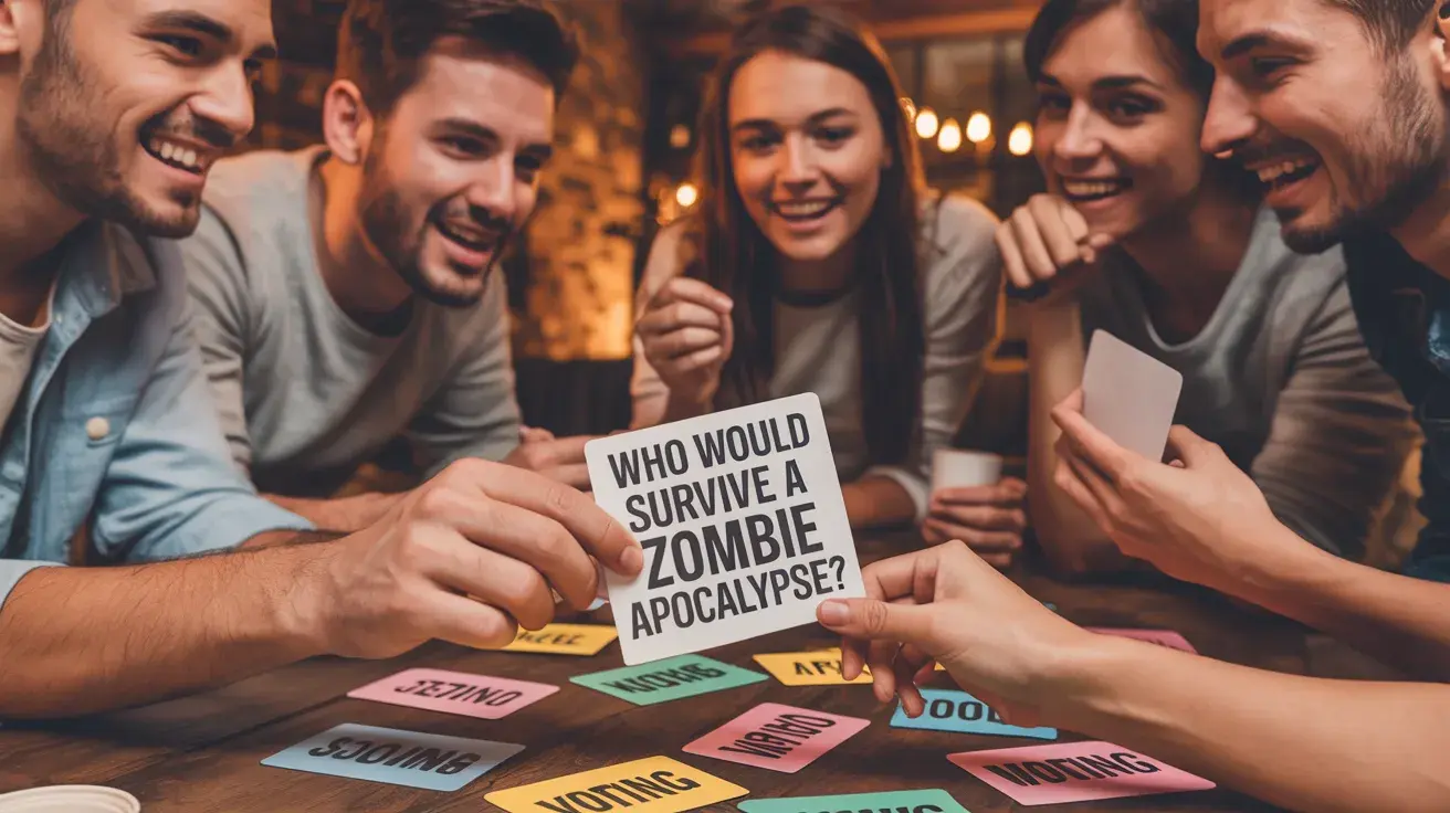Friends gathered around a table laughing while playing a voting-style party card game with humorous prompts