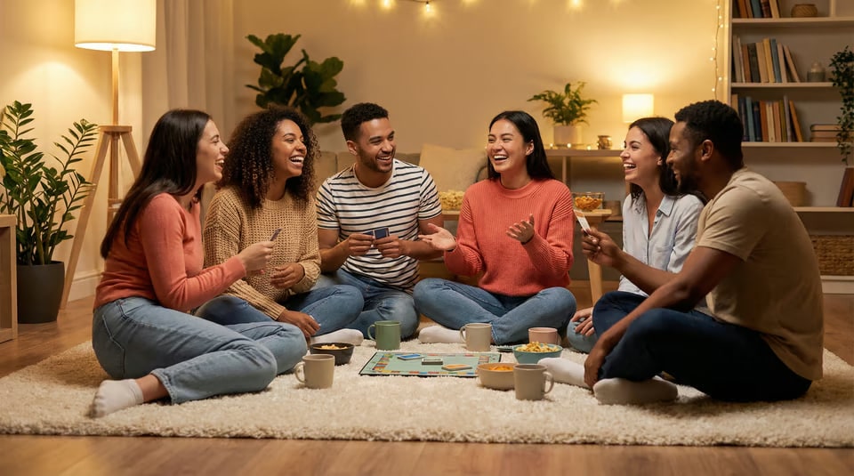 Friends laughing and playing a group party game on the floor