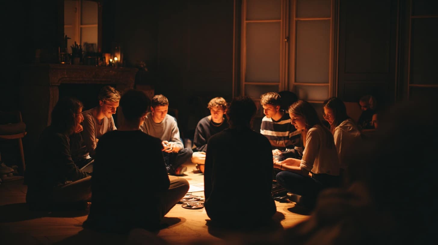Friends playing a group guessing game at night