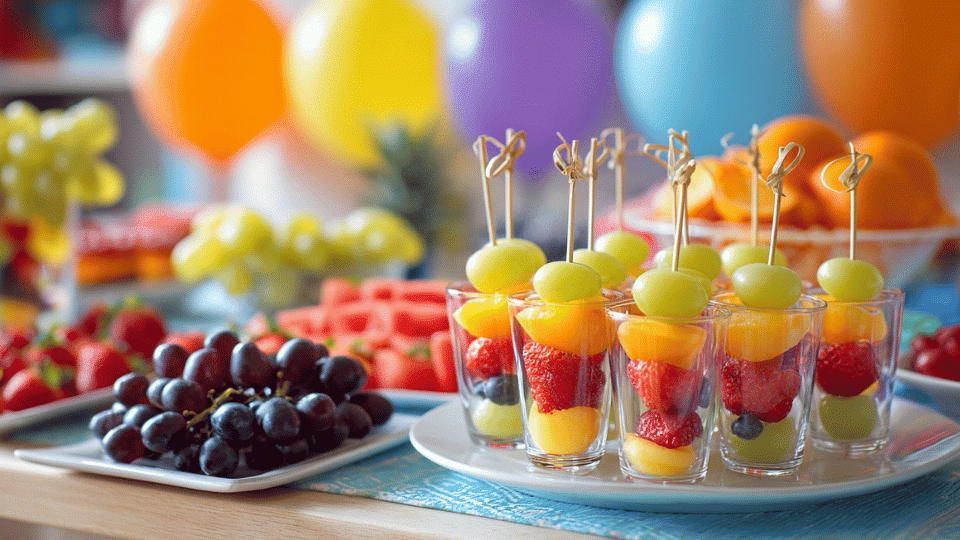 Fruit skewers on party table with colorful decorations for kids birthday