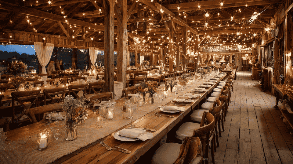 Full rustic barn wedding venue with wood tables, burlap decor and warm string lights