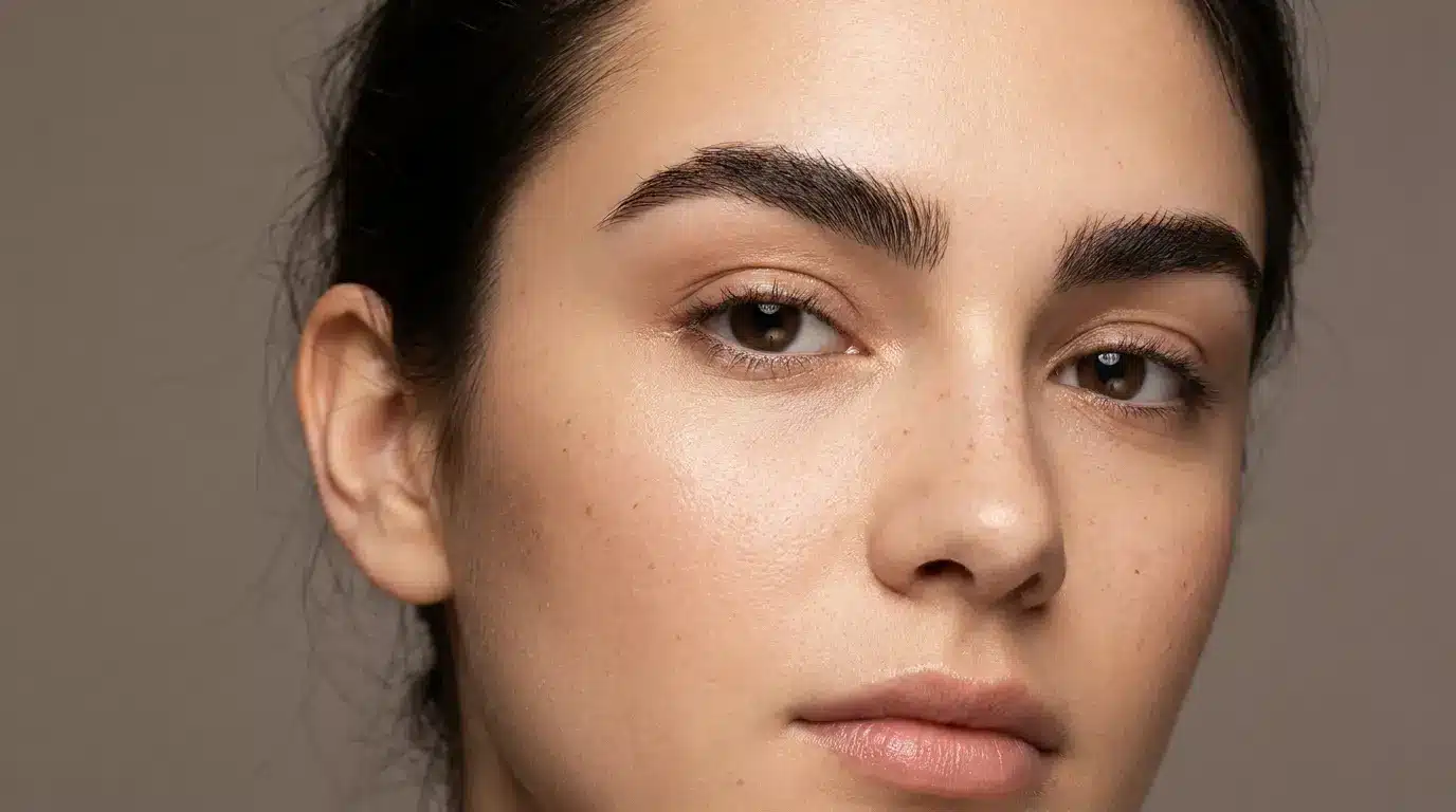 Full shaped eyebrows creating balanced facial symmetry