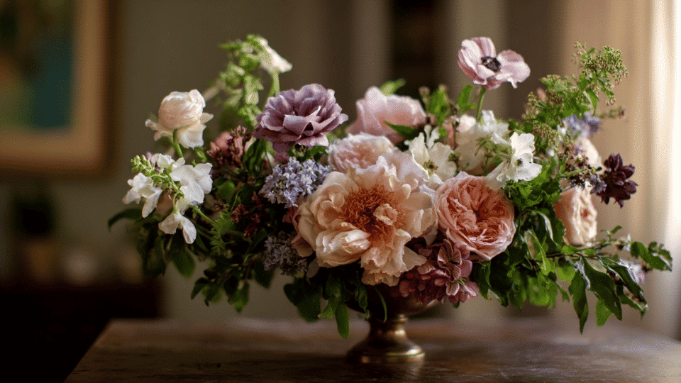Fully arranged bouquet with balanced shape and filled gaps in natural style