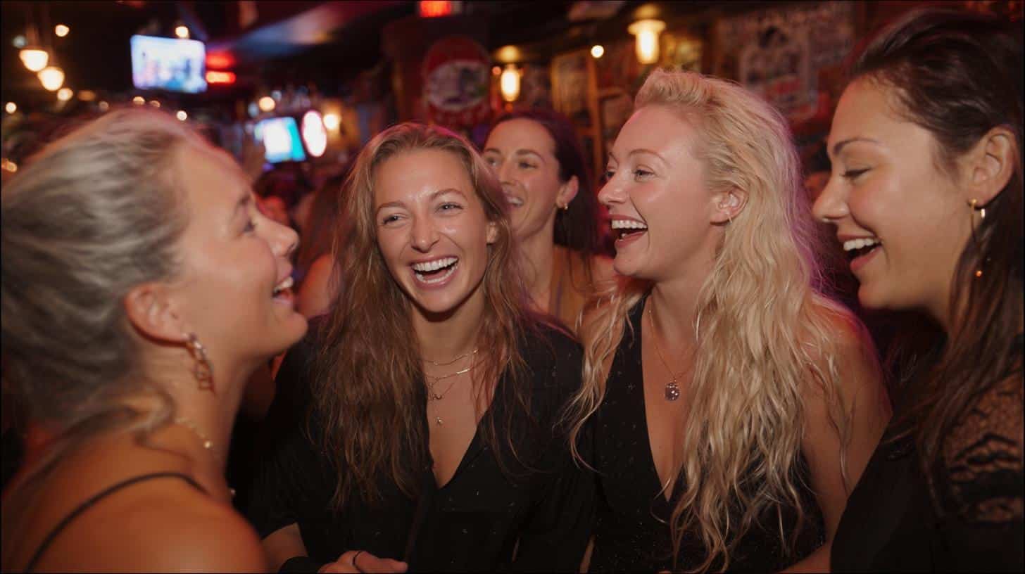 Fun bachelorette party with the bride and friends enjoying drinks, dancing, and games at a vibrant venue.
