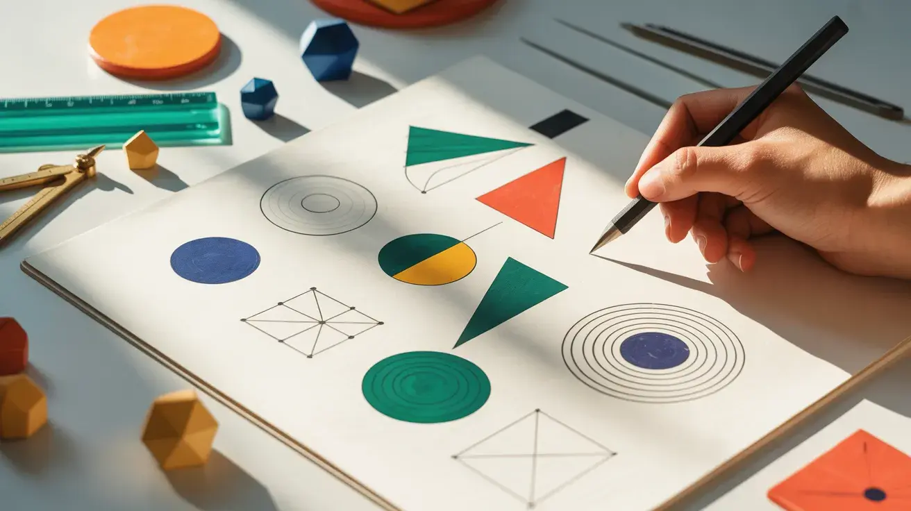 Geometric design drawing featuring colored triangles, circles, and squares with a hand sketching lines on paper