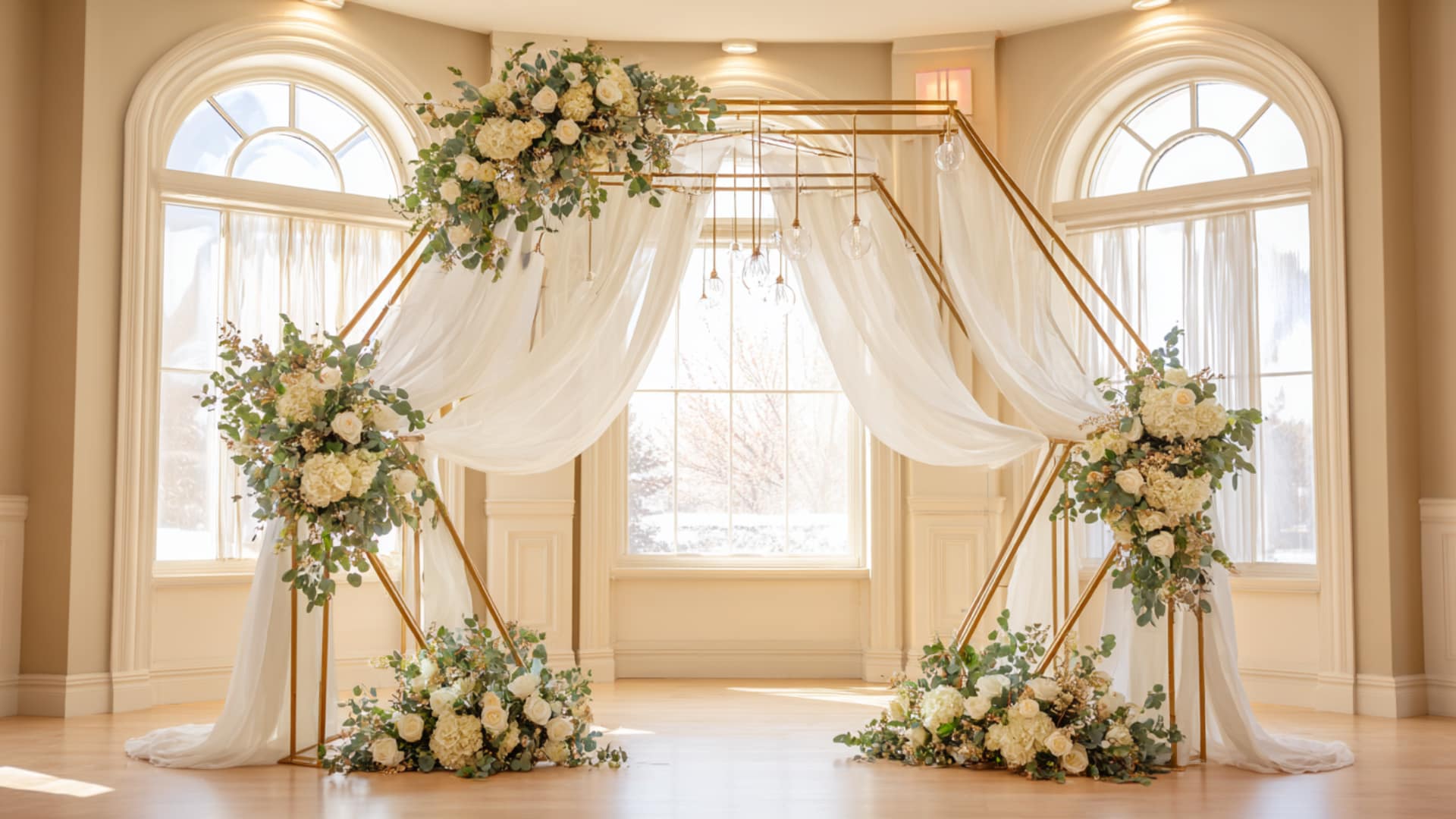 Geometric wedding arch with white drapes and florals in a sunlit indoor room.