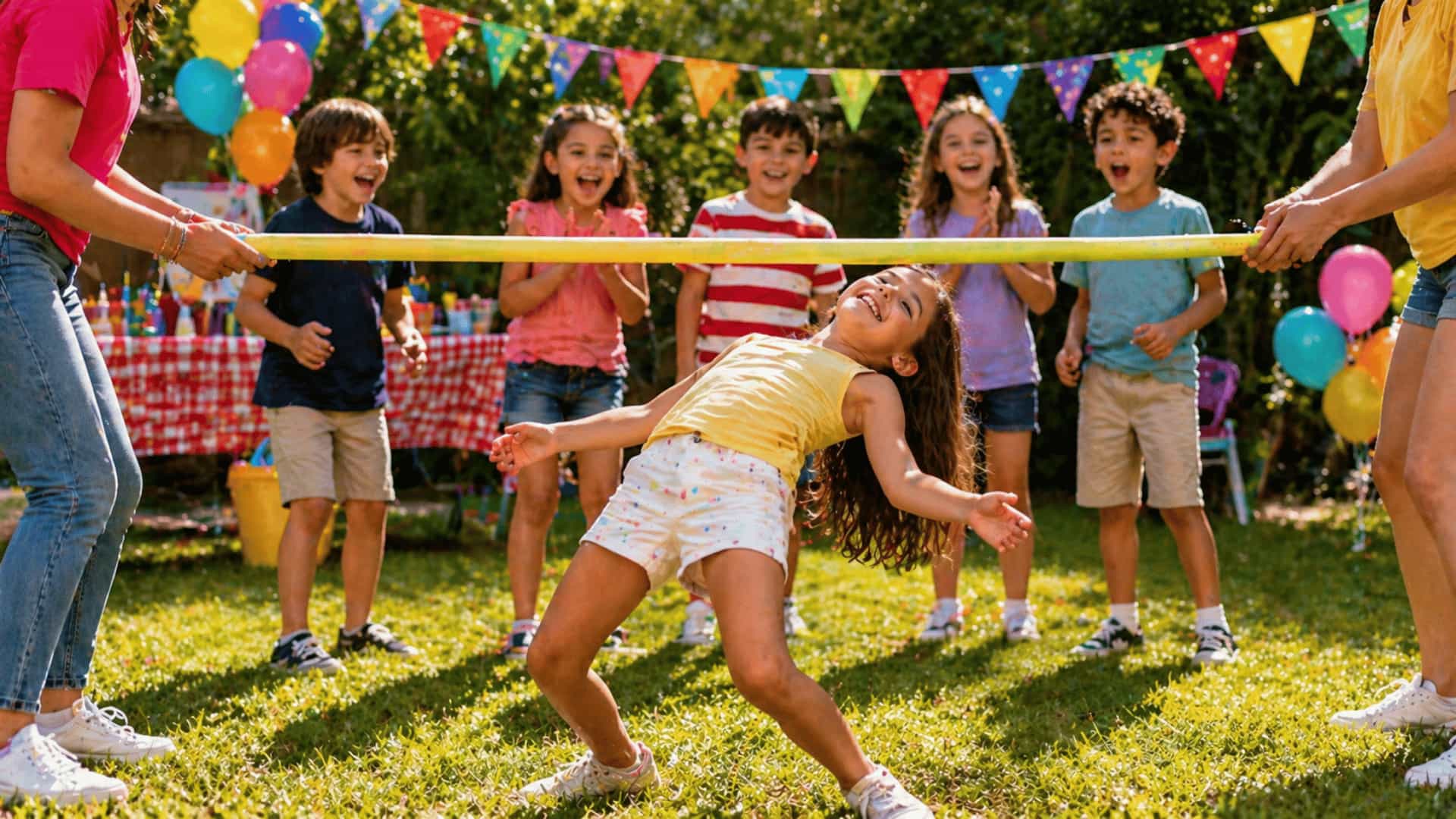Girl in yellow top doing limbo under pole as kids cheer at colorful backyard birthday party.