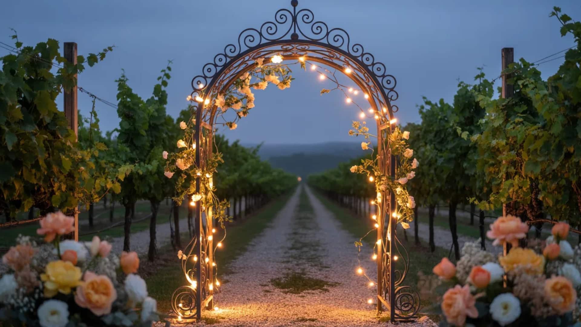 Glowing iron wedding arch with string lights set between vineyard rows at dusk.