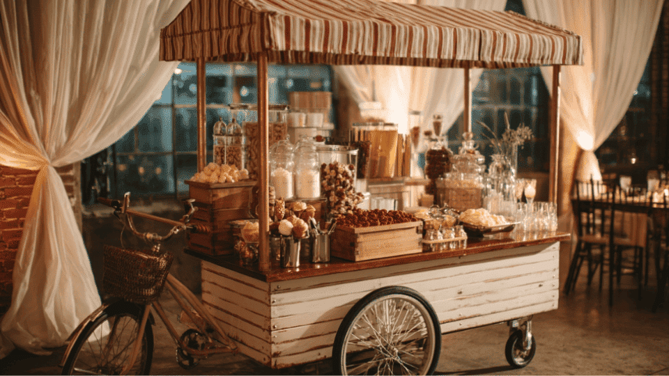 Gourmet ice cream cart with unique flavors and toppings for a summer wedding dessert station