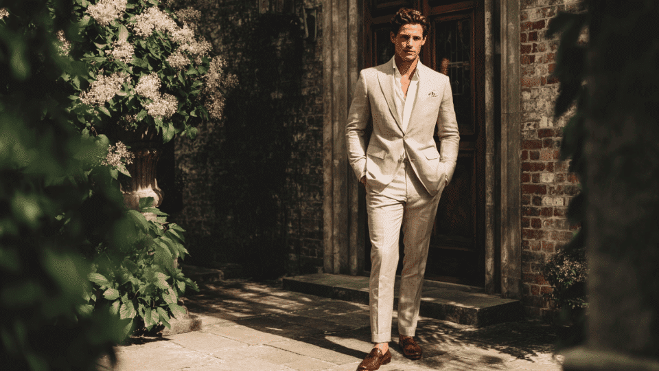 Groom in a tan linen suit with an open collar shirt, perfect for a summer wedding