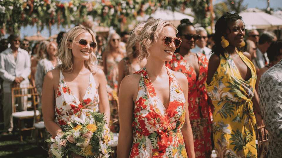 Guests in floral print dresses and tropical patterns, adding vibrant colors to a summer wedding