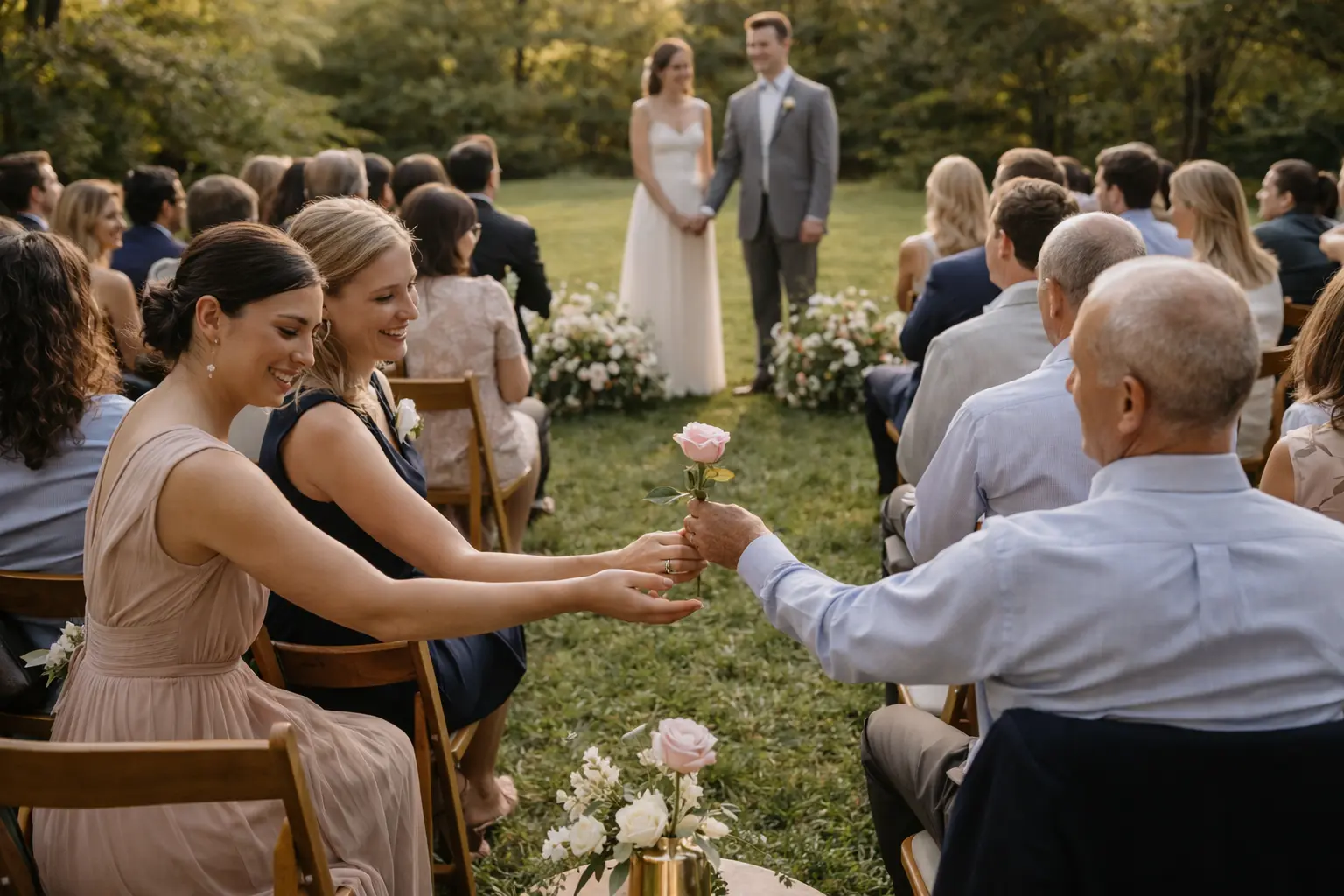 Guests pass a single flower between them before an outdoor wedding ceremony