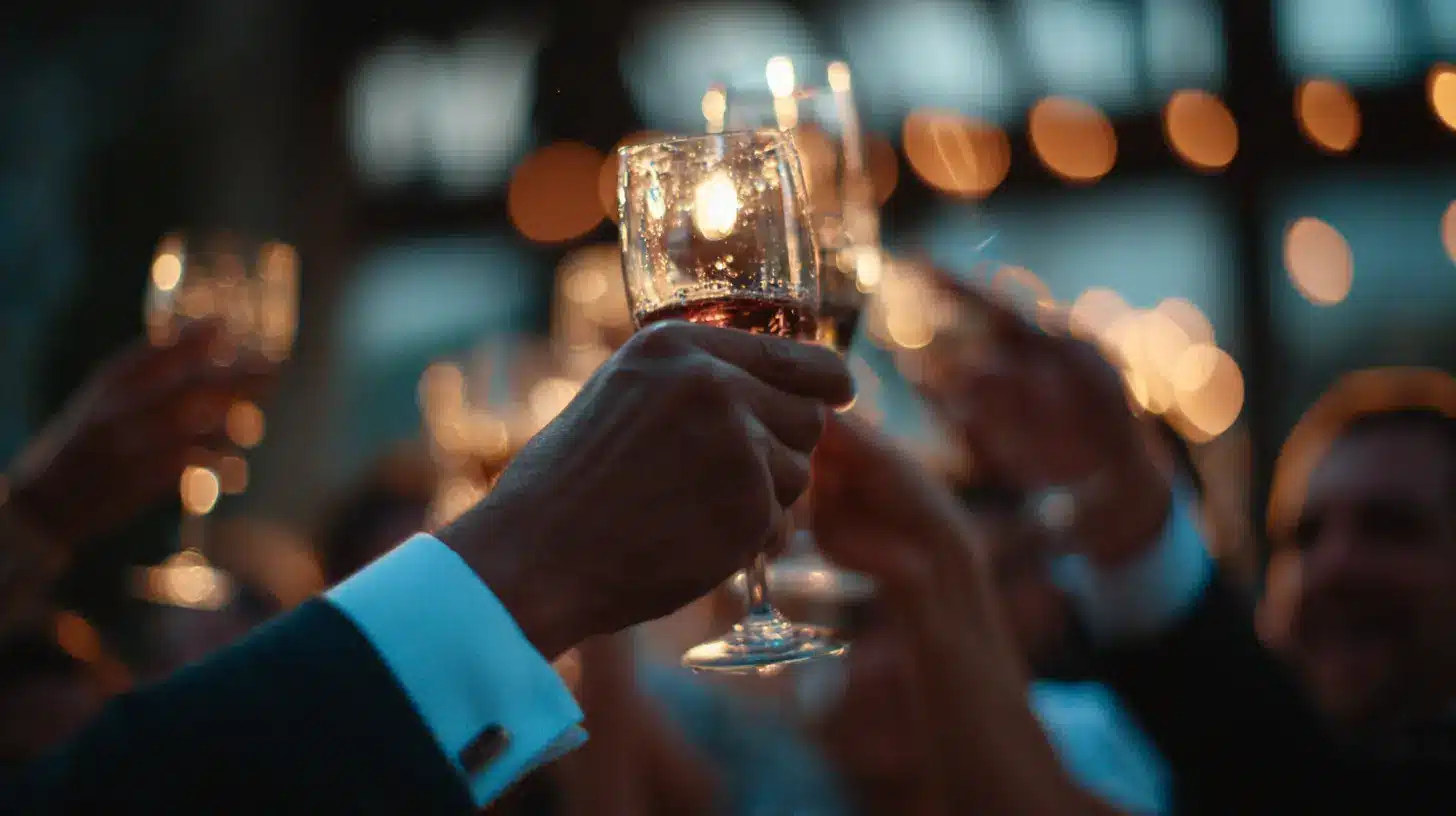 Guests raising champagne glasses for a celebratory toast at a wedding reception with warm evening lights