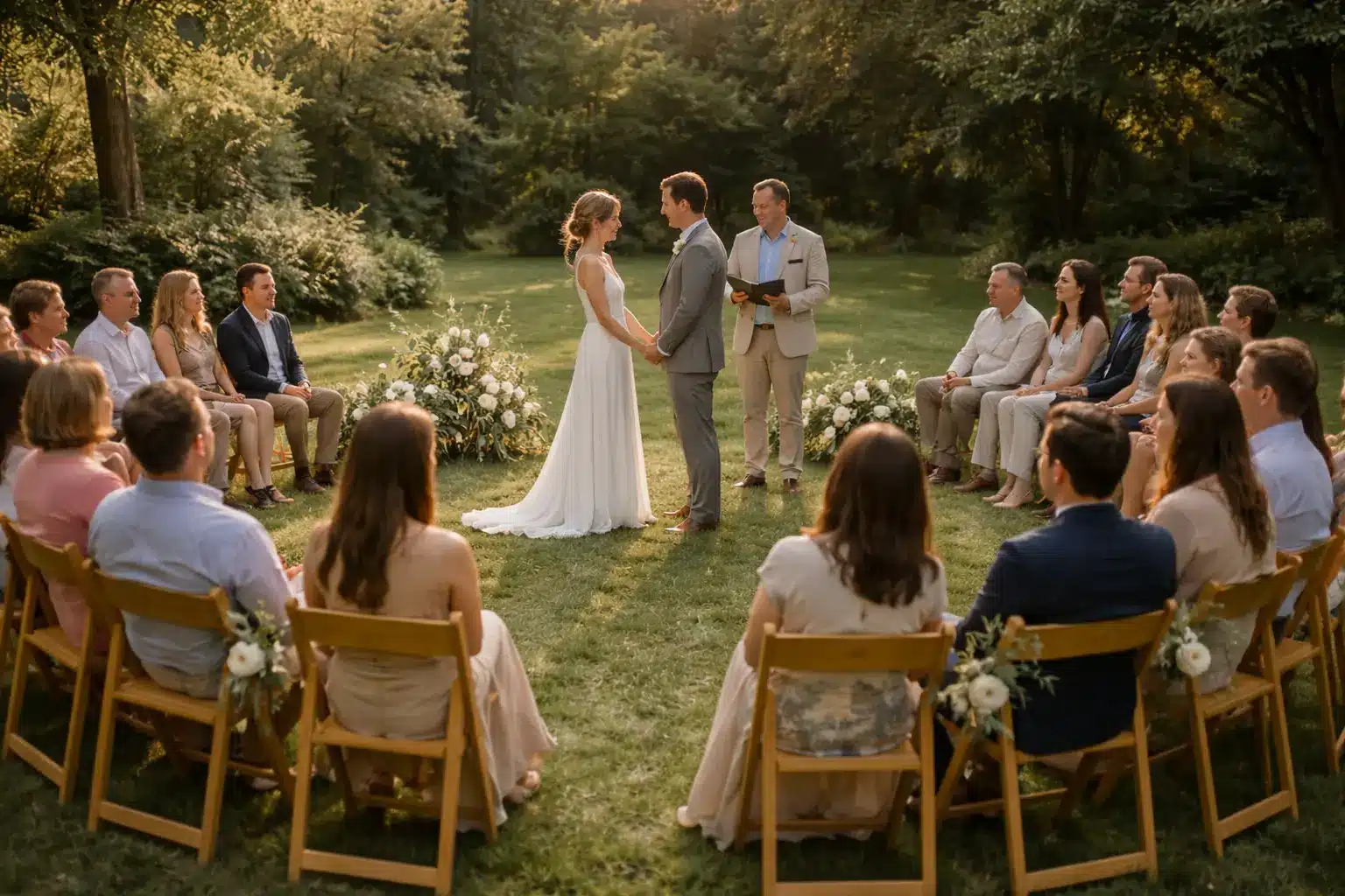 Guests seated in a circle around the couple as they exchange vows in a sunlit garden