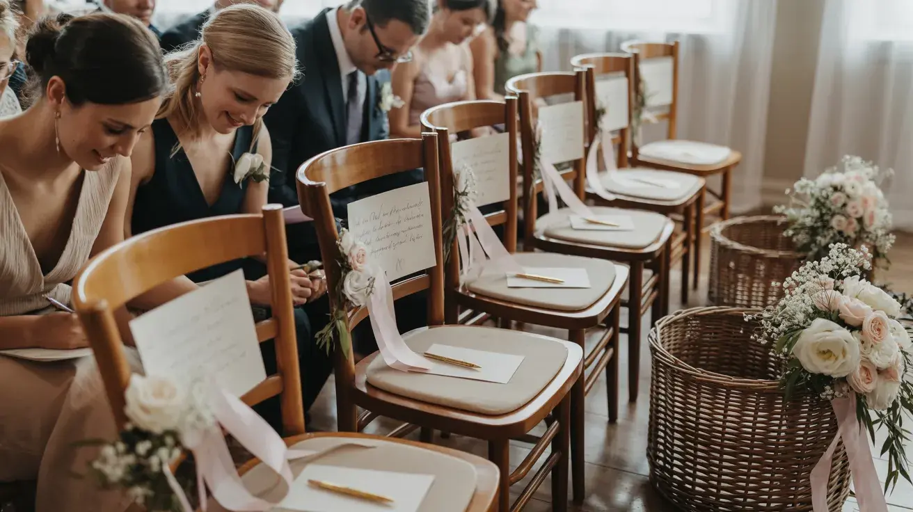 Guests sit and write heartfelt notes on cards placed on each chair before the wedding
