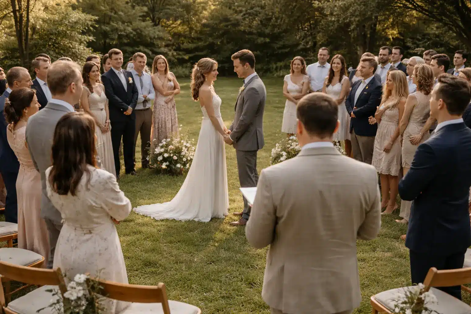 Guests stand in a circle around the couple during an outdoor ceremony